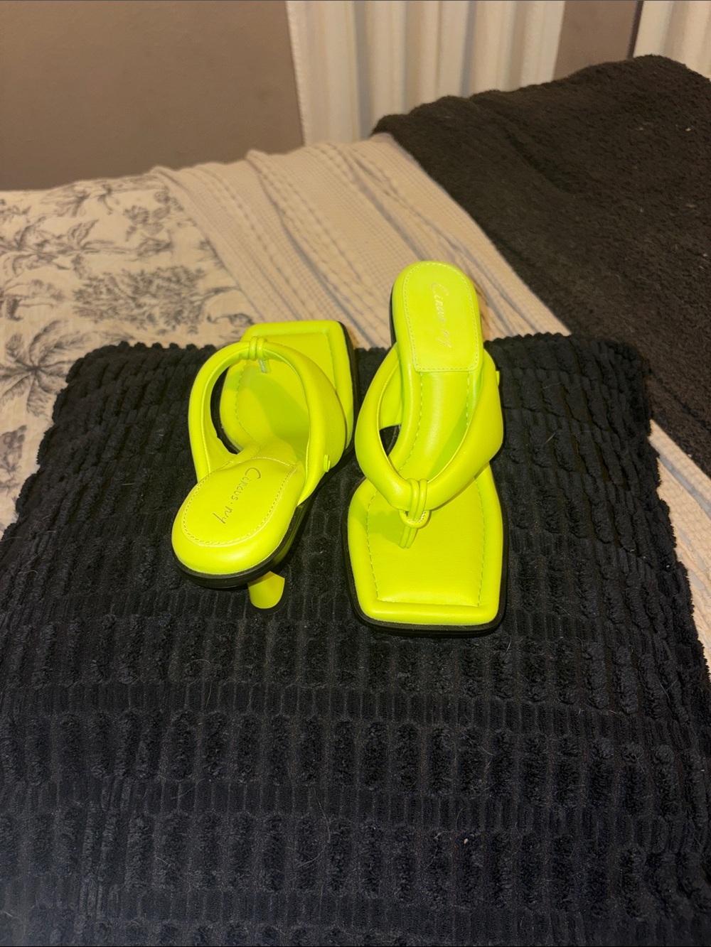 Neon Yellow Square-Toe Thong Heeled Sandals